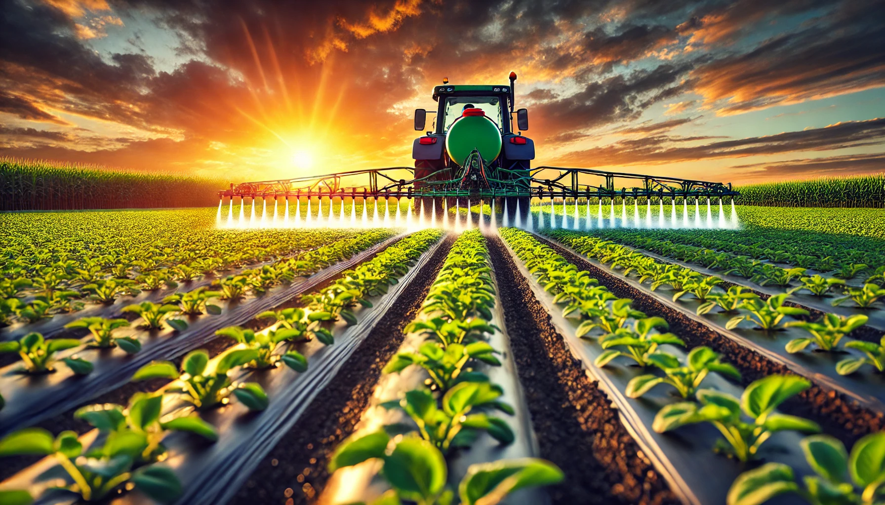 DALL·E 2024-07-11 11.55.12 - A wide horizontal image depicting a modern farmer applying fertilizer to crops in a large field at sunset. The scene shows a tractor equipped with a s